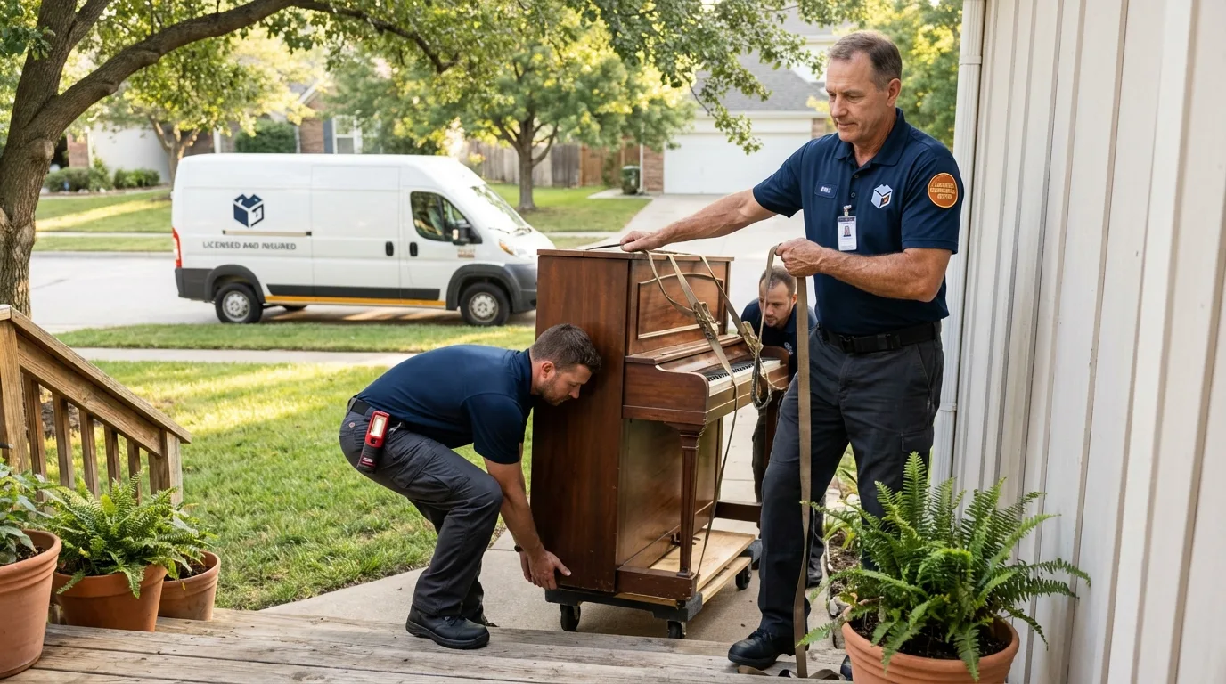 Licensed piano movers securing grand piano in Stevens Point, WI