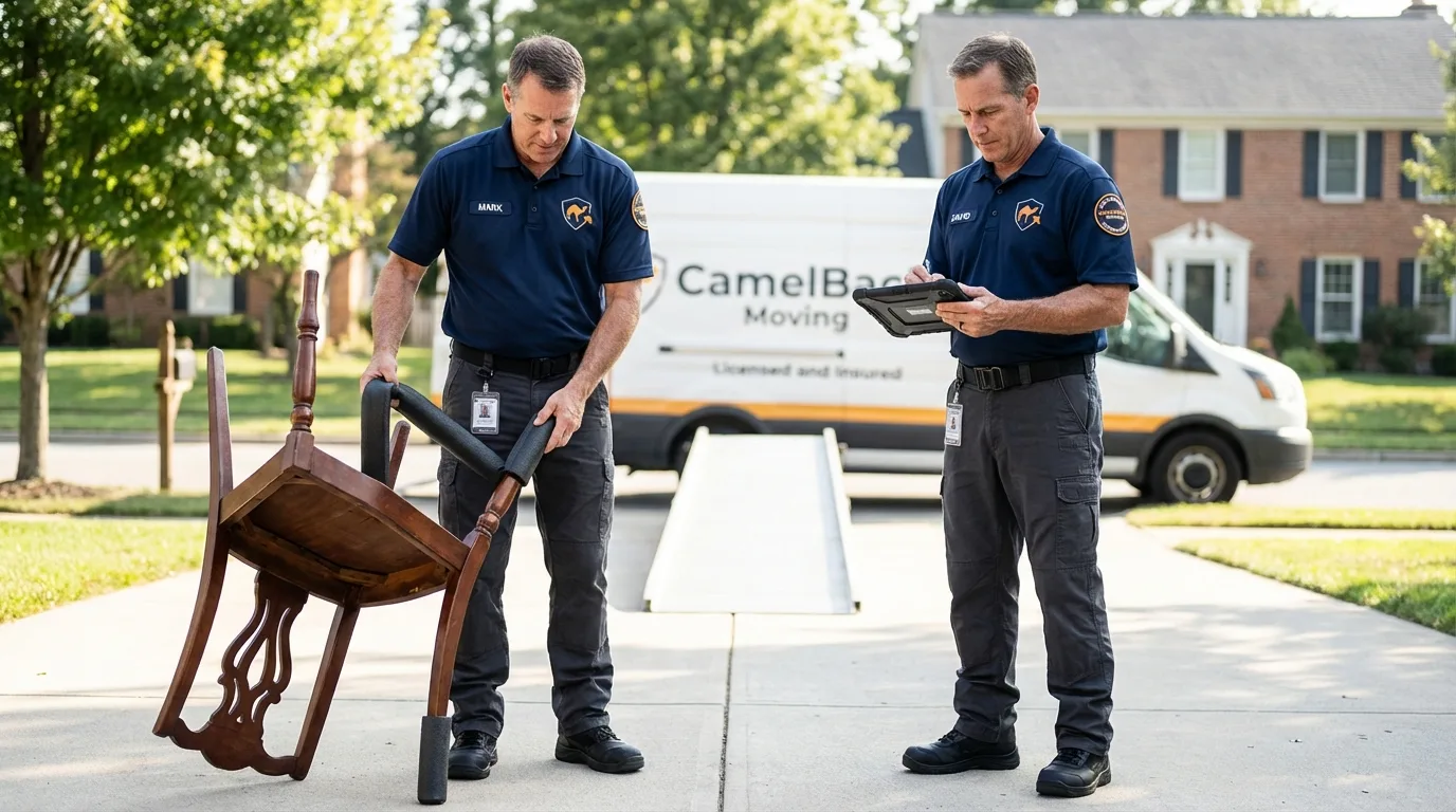 Movers inspecting furniture for damage prevention before loading in Stevens Point, WI