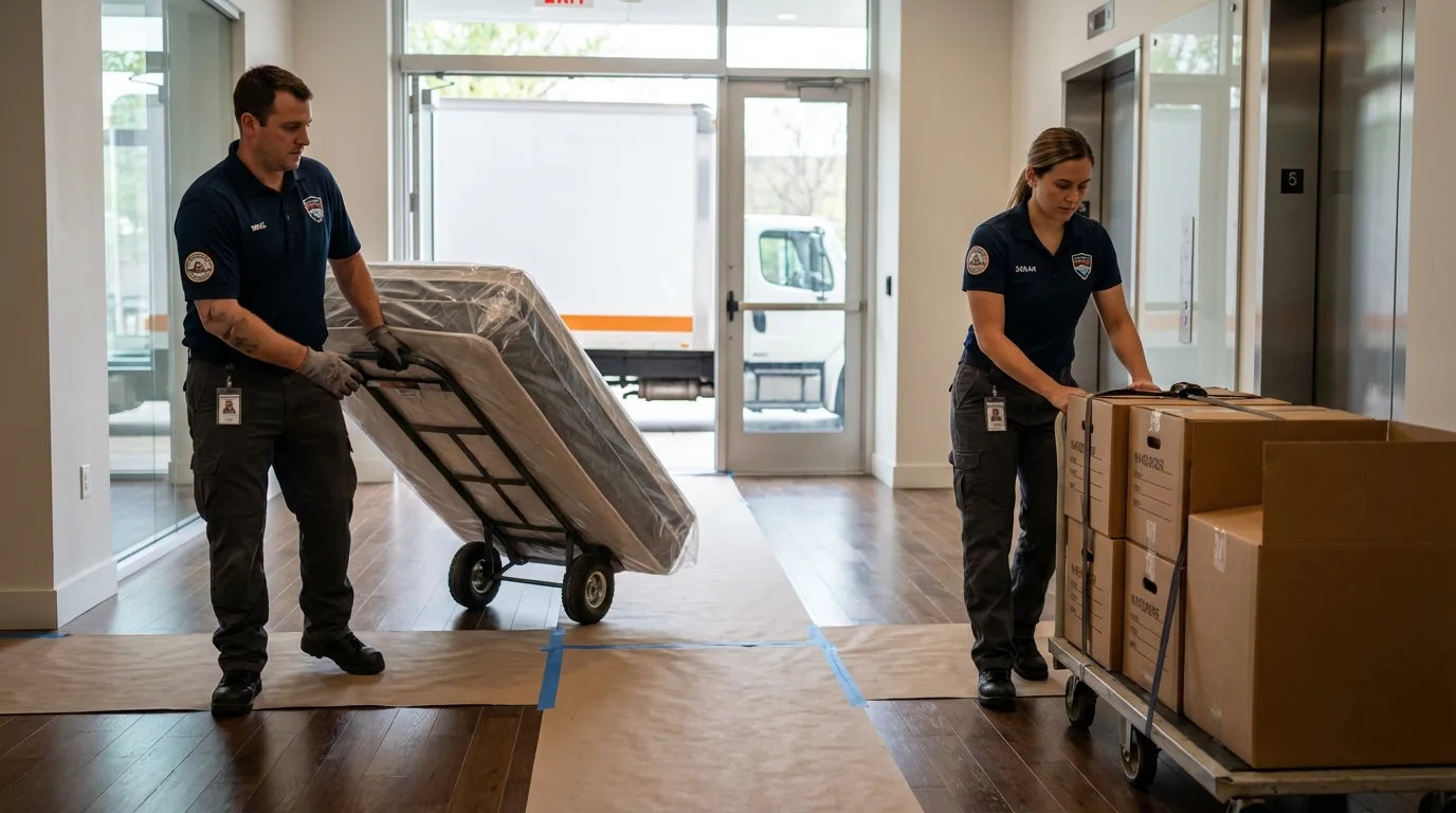 Professional apartment movers loading elevator in Stevens Point, WI